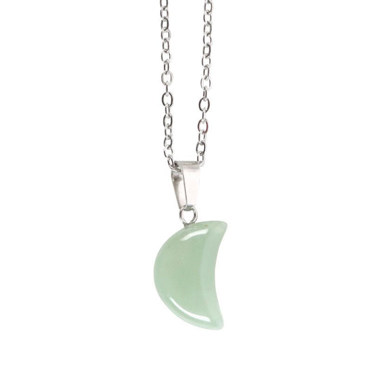 GREEN AVENTURINE CRYSTAL MOON NECKLACE ON GREETING CARD