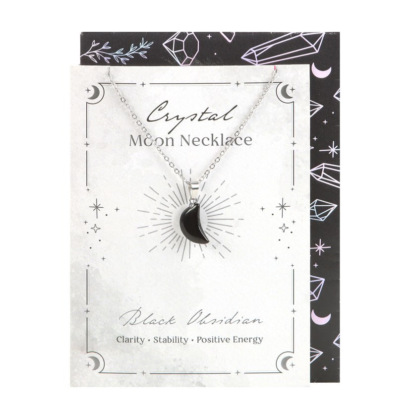 BLACK OBSIDIAN CRYSTAL MOON NECKLACE ON GREETING CARD