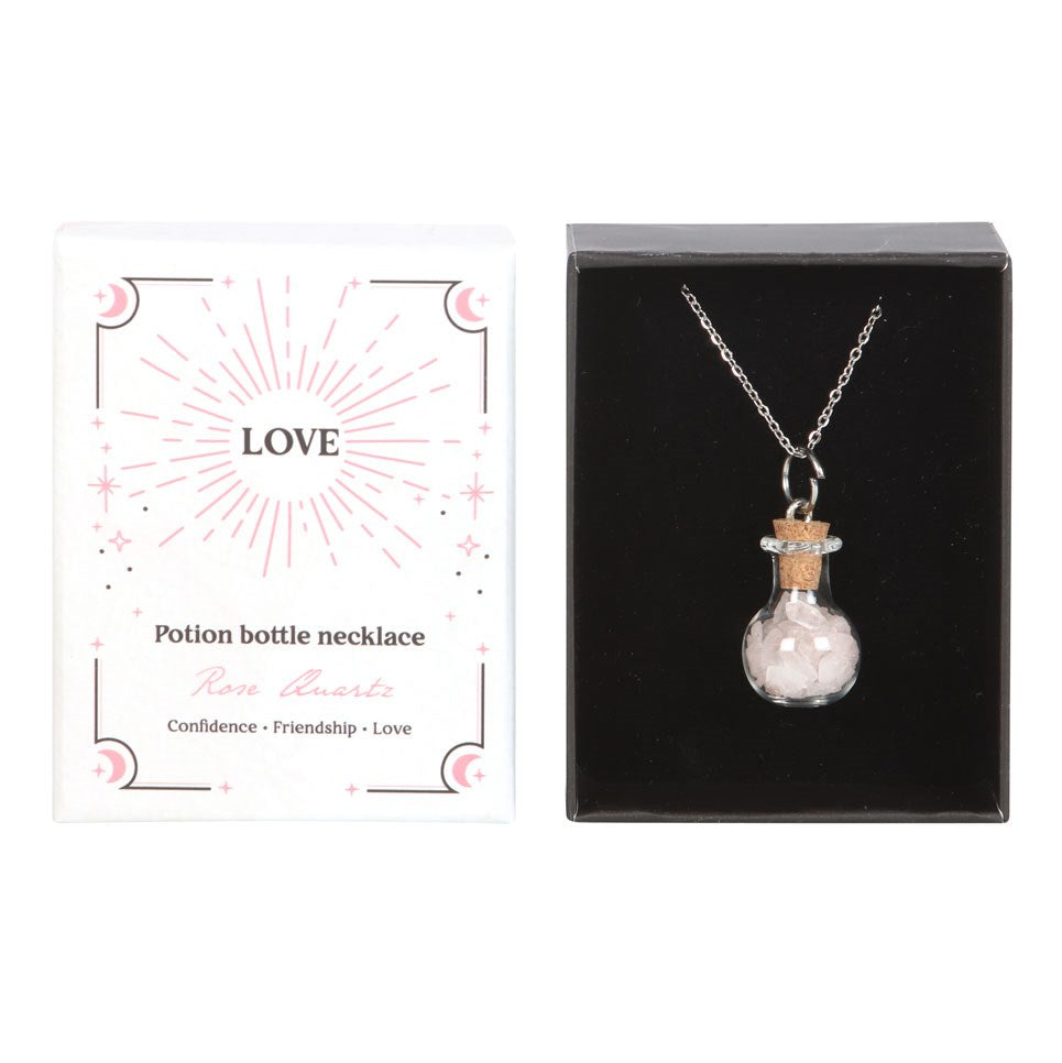 LOVE ROSE QUARTZ CRYSTAL CHIP POTION BOTTLE NECKLACE