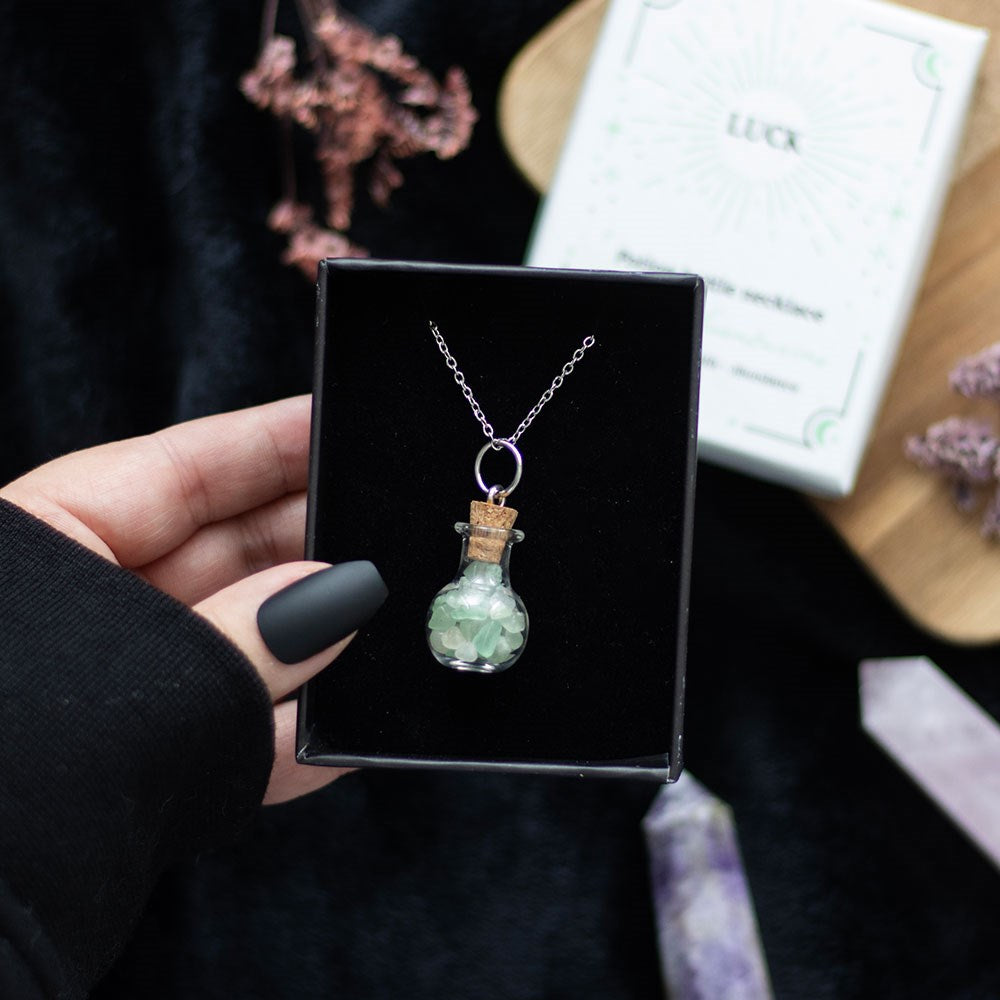 LUCK GREEN AVENTURINE CRYSTAL CHIP POTION BOTTLE NECKLACE