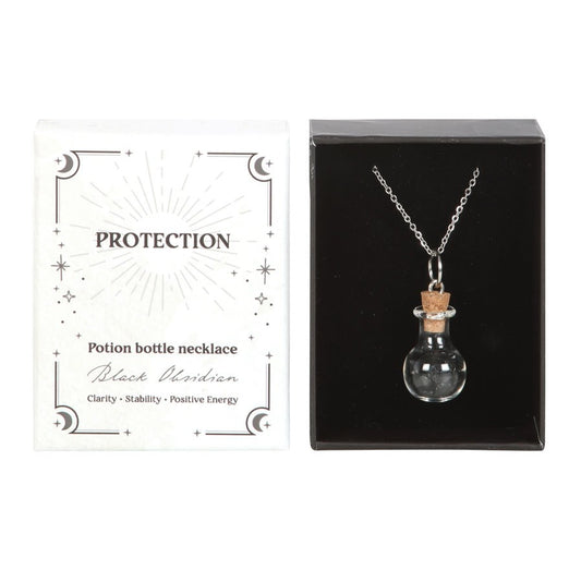 PROTECTION BLACK OBSIDIAN CRYSTAL CHIP POTION BOTTLE NECKLACE