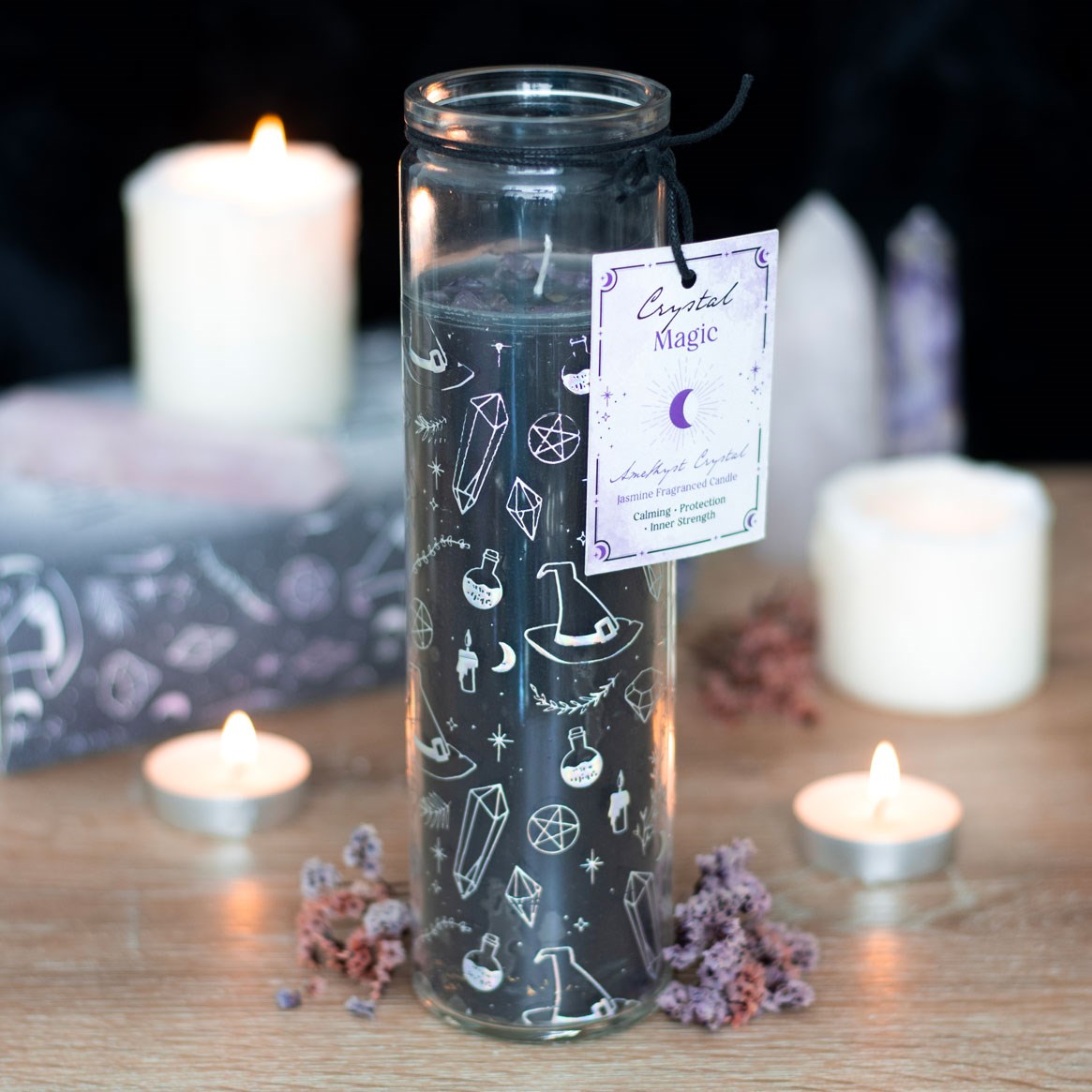 CRYSTAL WITCH JASMINE TUBE CANDLE WITH AMETHYST CHIPS