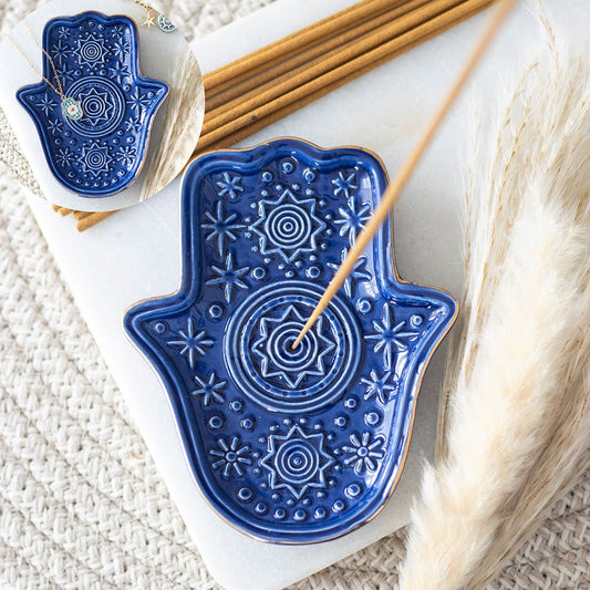 DARK BLUE HAND OF HAMSA INCENSE HOLDER AND TRINKET DISH