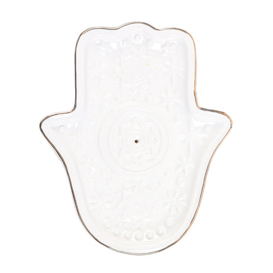 WHITE HAND OF HAMSA INCENSE HOLDER AND TRINKET DISH