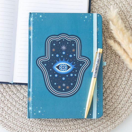 HAND OF HAMSA A5 NOTEBOOK WITH CRYSTAL CHIP PEN