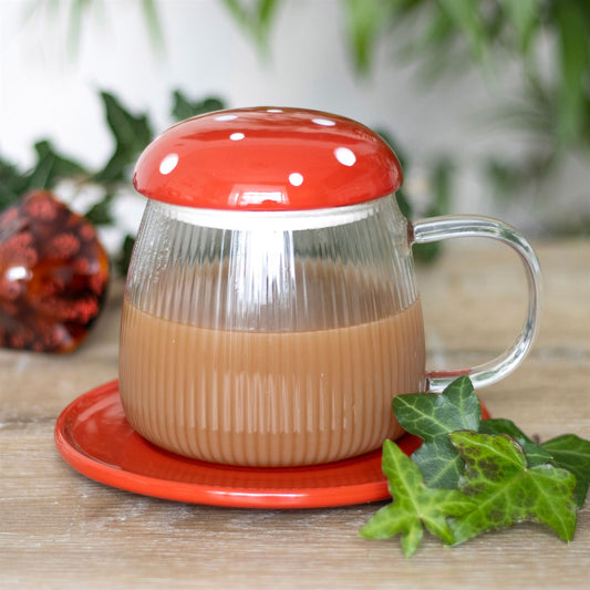 RED GLASS MUSHROOM MUG AND SAUCER