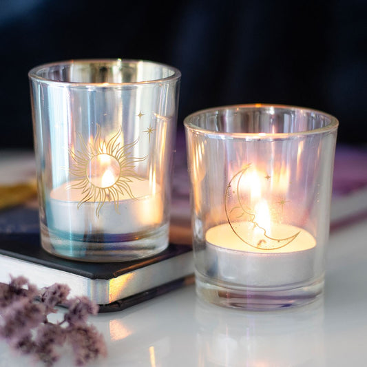 IRIDESCENT SUN AND MOON VOTIVE CANDLE HOLDERS