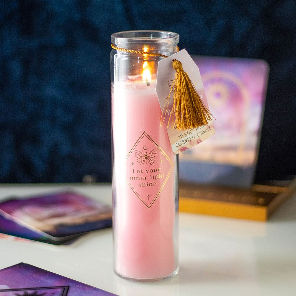 MYSTIC ROSE TUBE CANDLE WITH ROSE QUARTZ CRYSTALS