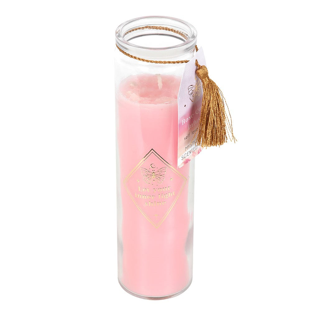 MYSTIC ROSE TUBE CANDLE WITH ROSE QUARTZ CRYSTALS