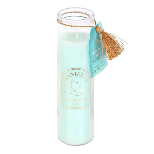 WHITE SAGE TUBE CANDLE WITH CLEAR QUARTZ CRYSTALS