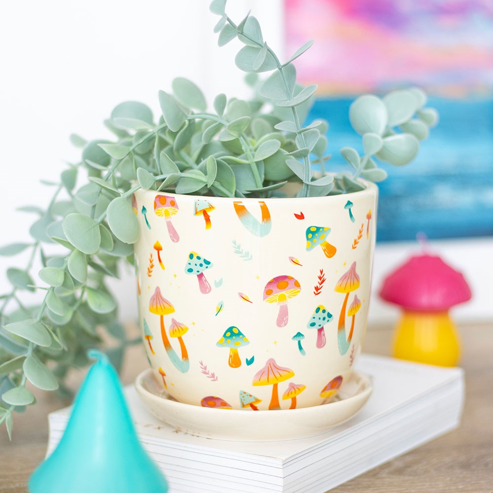 FUNKY FUNGI MUSHROOM PRINT PLANT POT WITH SAUCER