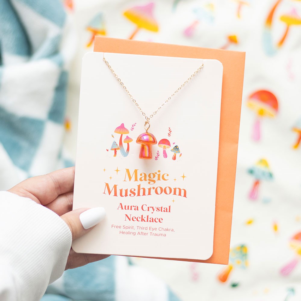 ORANGE AURA CRYSTAL MUSHROOM NECKLACE GREETING CARD