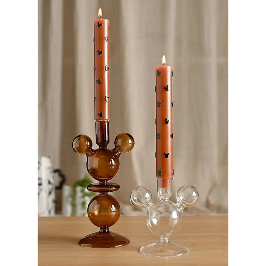 DISNEY SET OF 2 MICKEY SHAPED GLASS TAPER CANDLE HOLDERS