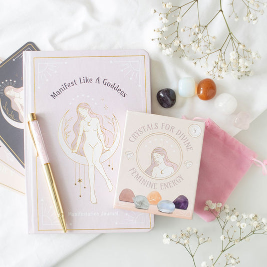 GODDESS ENERGY A5 MANIFESTATION JOURNAL AND ROSE QUARTZ CRYSTAL PEN