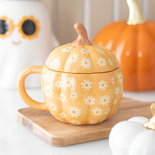 GROOVY FLORAL PUMPKIN LIDDED MUG