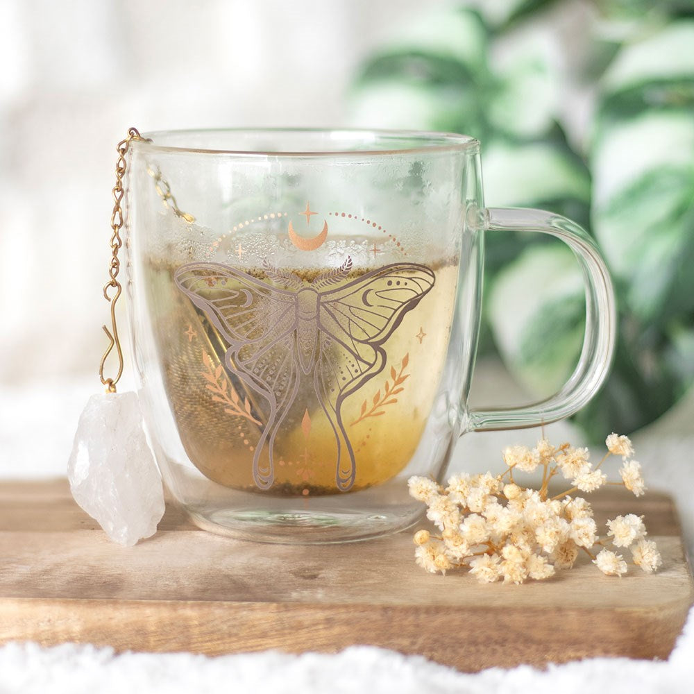 LUNA MOTH DOUBLE WALLED GLASS MUG WITH CRYSTAL TEA INFUSER