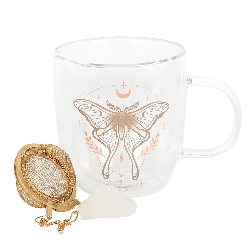 LUNA MOTH DOUBLE WALLED GLASS MUG WITH CRYSTAL TEA INFUSER