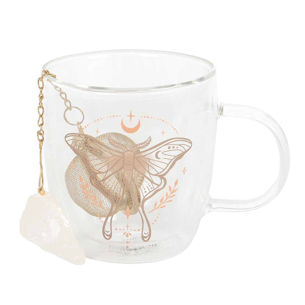 LUNA MOTH DOUBLE WALLED GLASS MUG WITH CRYSTAL TEA INFUSER