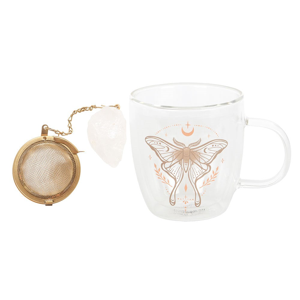 LUNA MOTH DOUBLE WALLED GLASS MUG WITH CRYSTAL TEA INFUSER