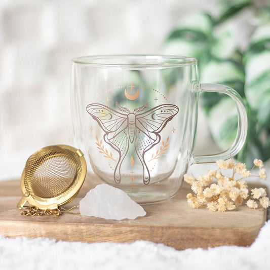 LUNA MOTH DOUBLE WALLED GLASS MUG WITH CRYSTAL TEA INFUSER