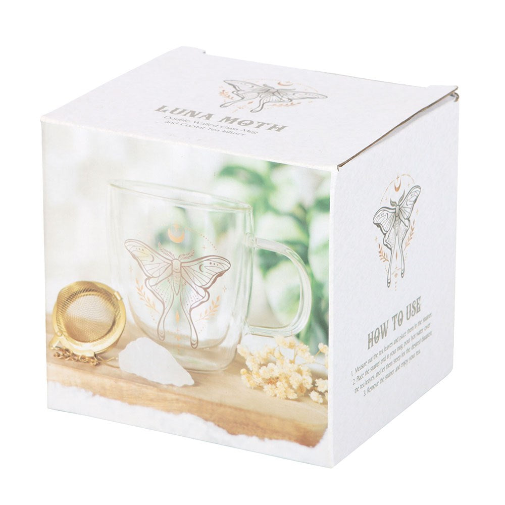 LUNA MOTH DOUBLE WALLED GLASS MUG WITH CRYSTAL TEA INFUSER