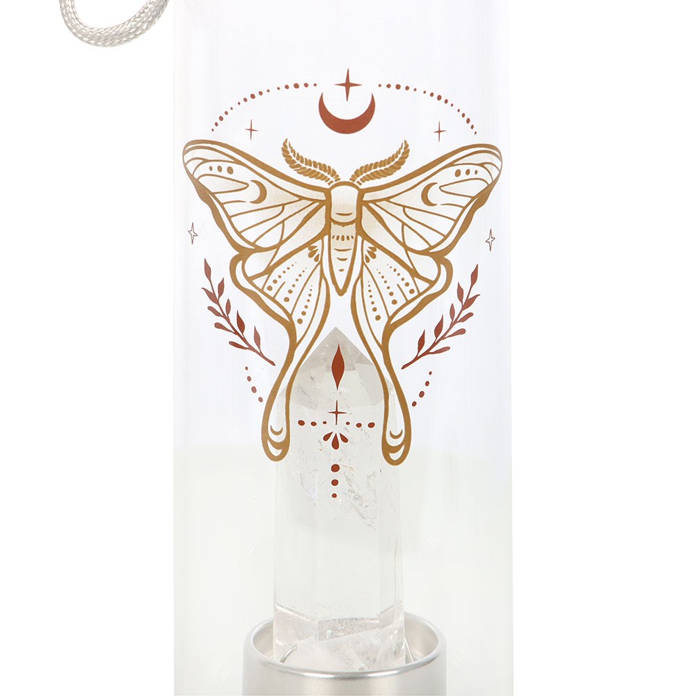 LUNA MOTH GLASS WATER BOTTLE WITH CLEAR QUARTZ CRYSTAL