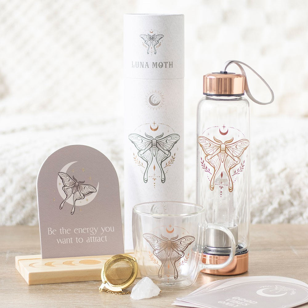 LUNA MOTH GLASS WATER BOTTLE WITH CLEAR QUARTZ CRYSTAL