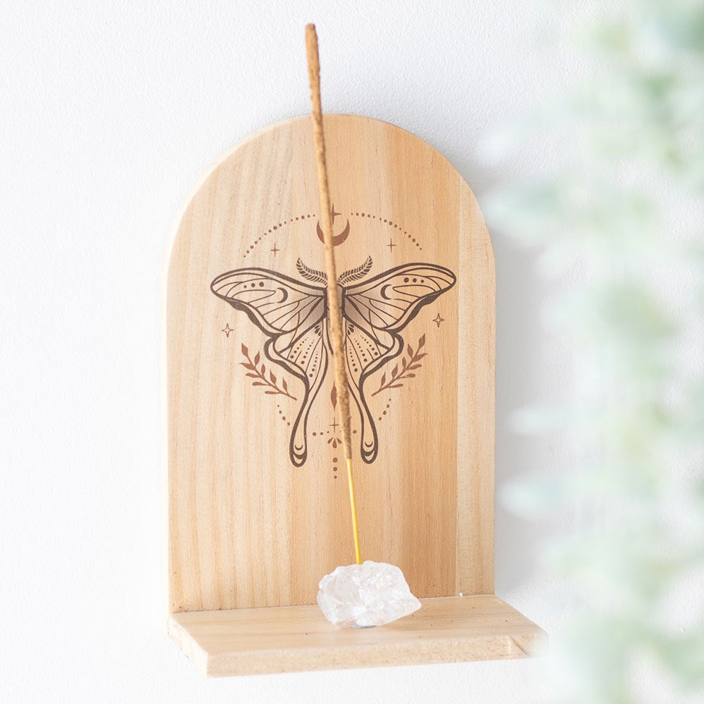 NATURAL LUNA MOTH WOODEN INCENSE HOLDER SHELF