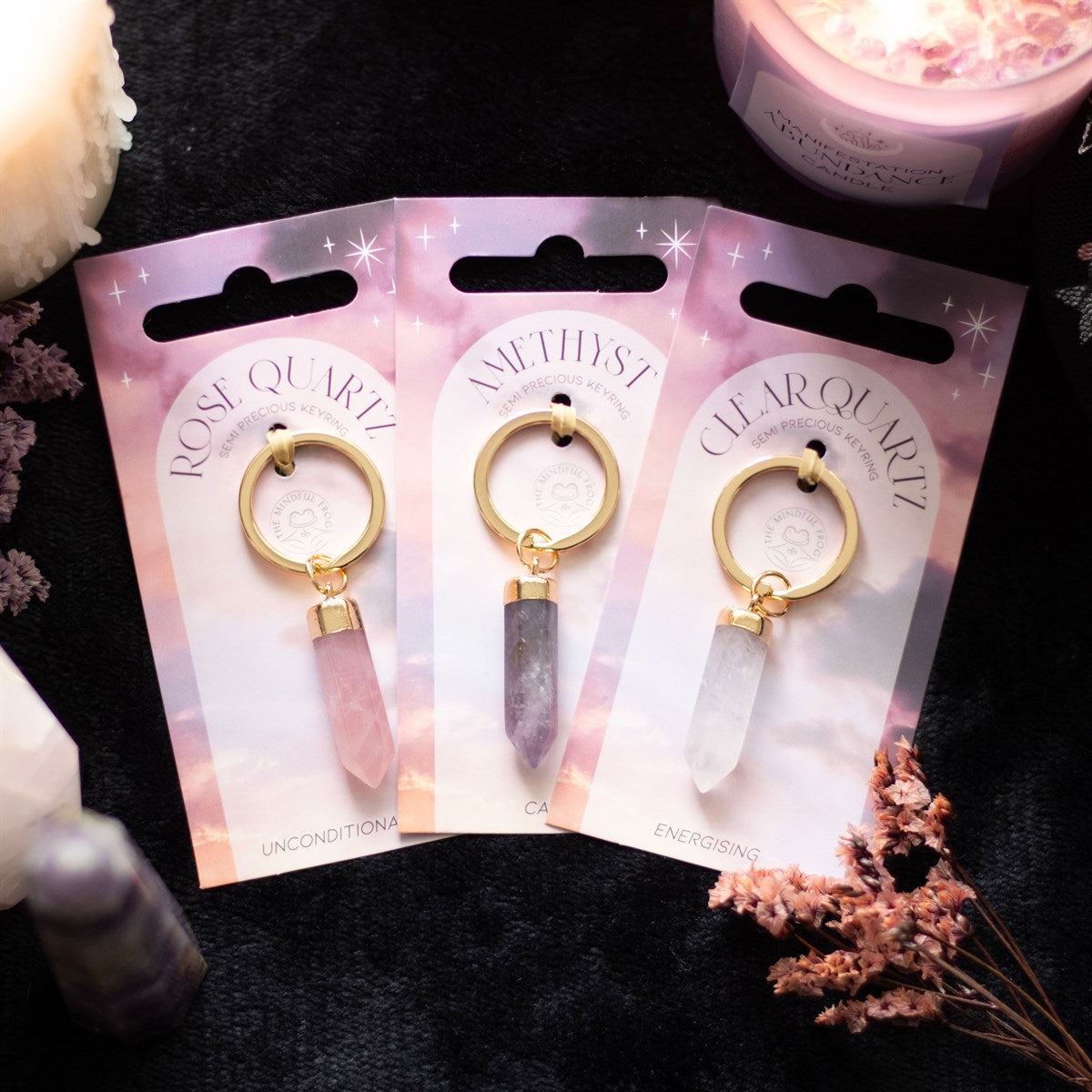 CLEAR QUARTZ SEMI PRECIOUS CRYSTAL KEYRING