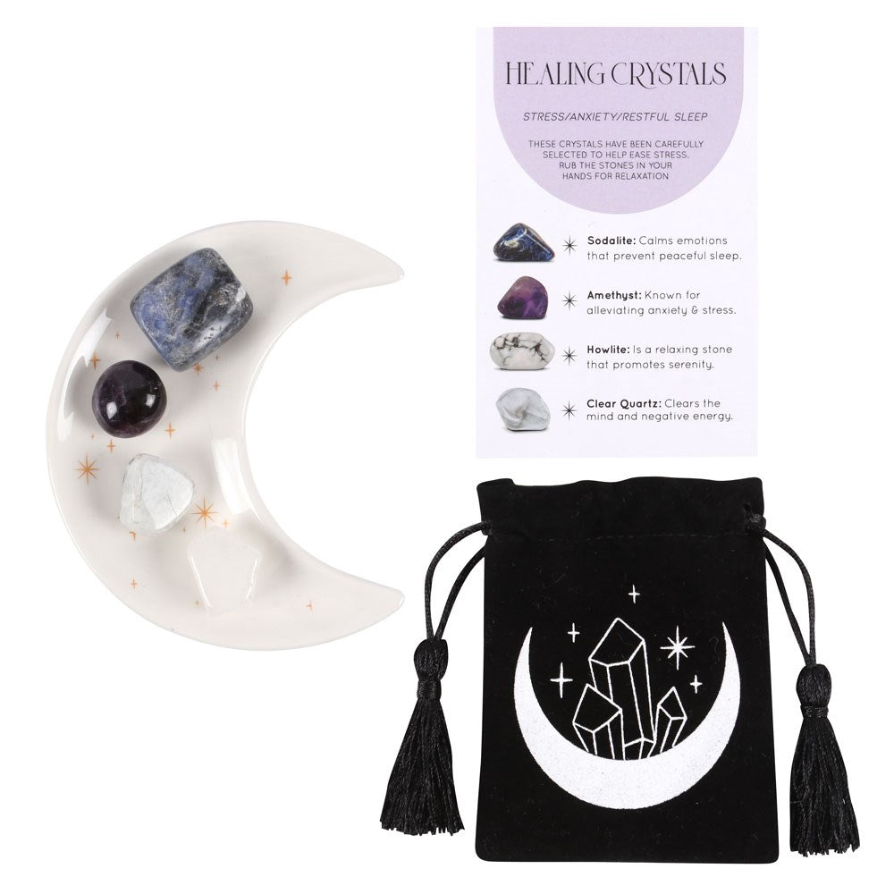 STRESS HEALING CRYSTAL SET WITH MOON TRINKET DISH