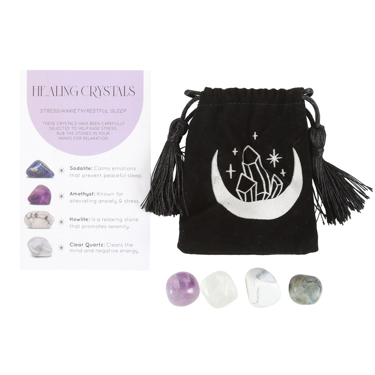 STRESS HEALING CRYSTAL SET WITH MOON TRINKET DISH