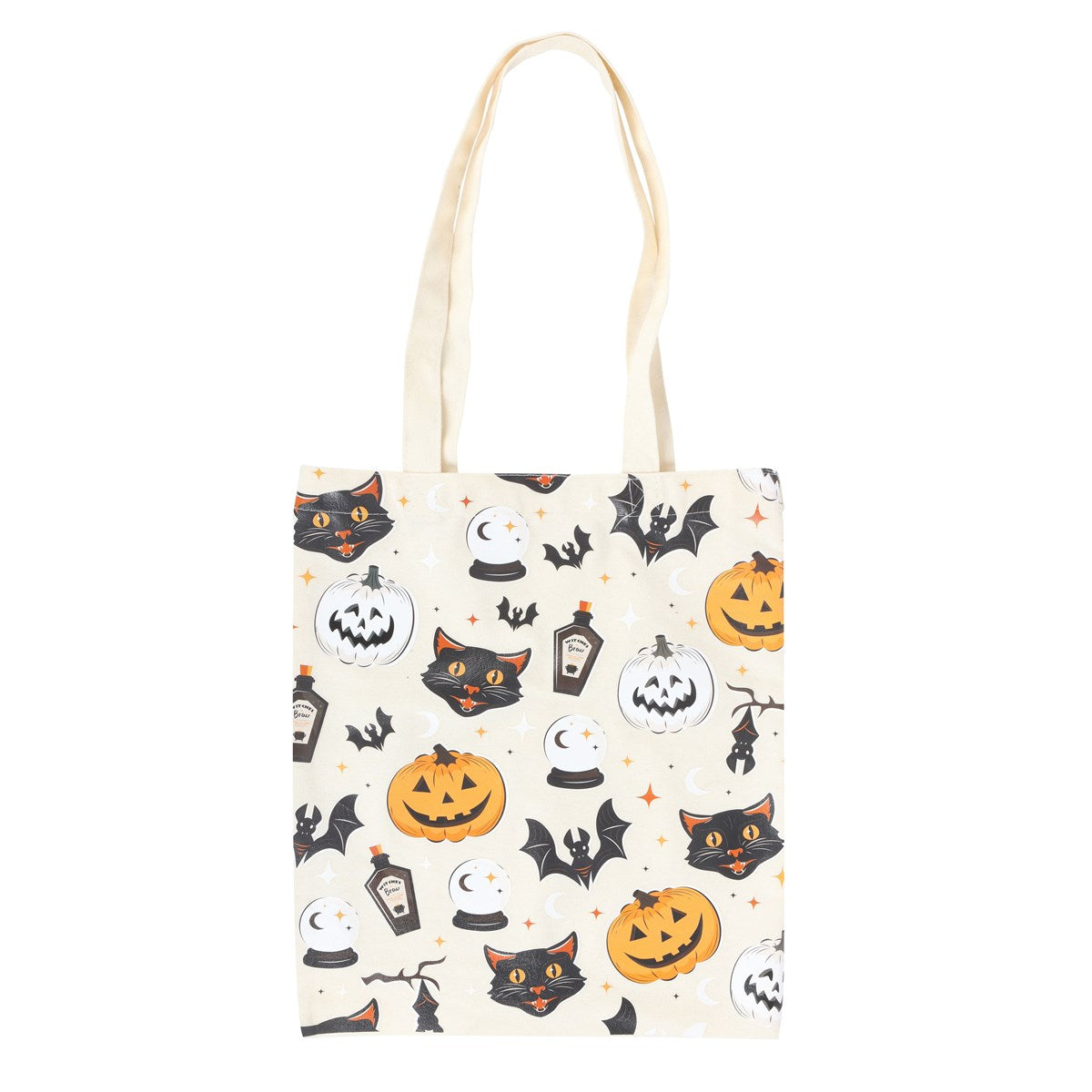 SPOOKY CAT AND PUMPKIN PRINT POLYCOTTON TOTE BAG