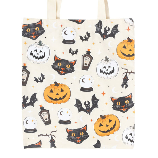 SPOOKY CAT AND PUMPKIN PRINT POLYCOTTON TOTE BAG