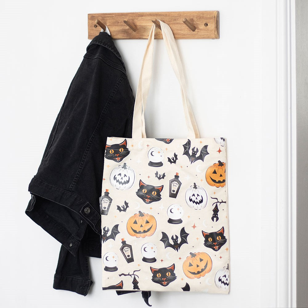 SPOOKY CAT AND PUMPKIN PRINT POLYCOTTON TOTE BAG