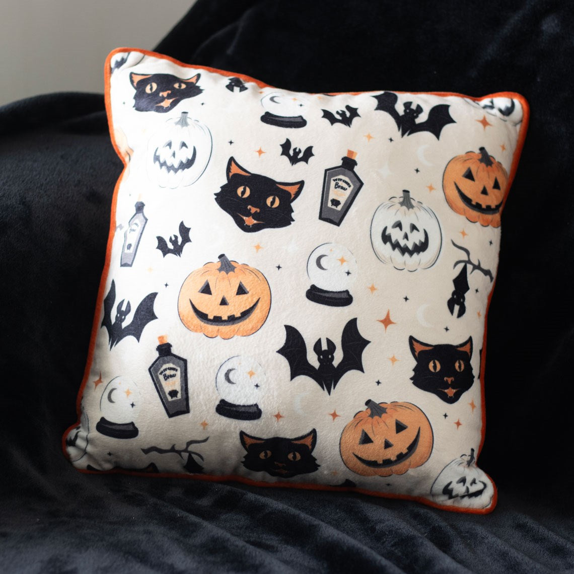 35CM SQUARE SPOOKY CAT AND PUMPKIN PRINT CUSHION