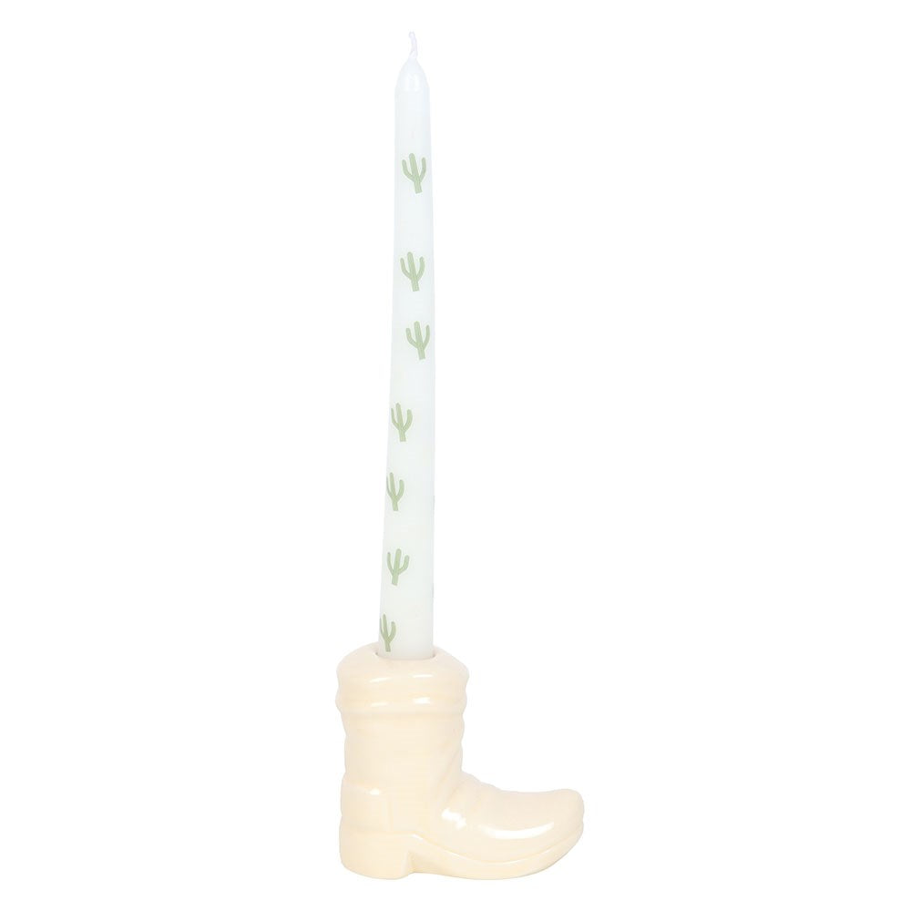 WHITE COWBOY BOOT CANDLE HOLDER WITH TAPER CANDLE