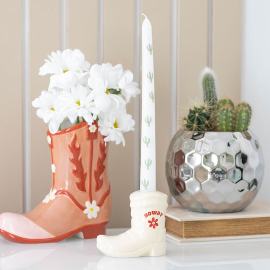 WHITE COWBOY BOOT CANDLE HOLDER WITH TAPER CANDLE