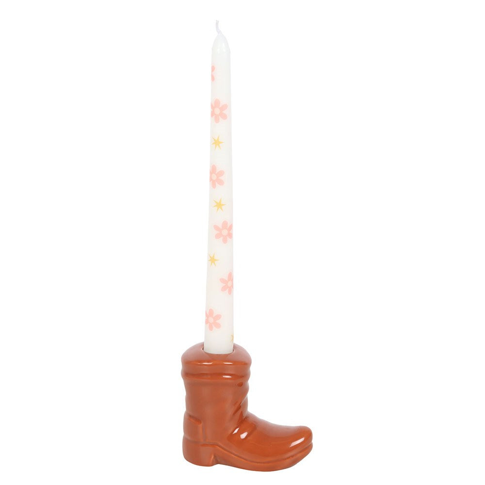 BROWN COWBOY BOOT CANDLE HOLDER WITH TAPER CANDLE