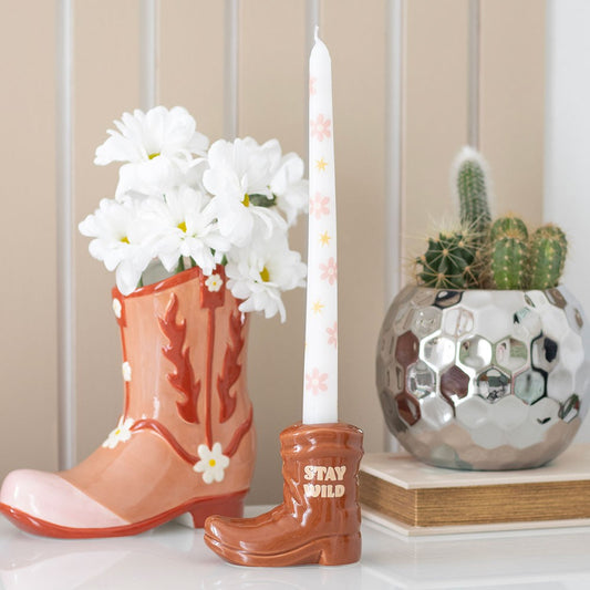 BROWN COWBOY BOOT CANDLE HOLDER WITH TAPER CANDLE