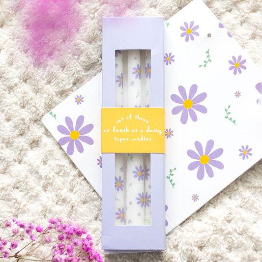 SET OF 3 PURPLE DAISY TAPER CANDLES