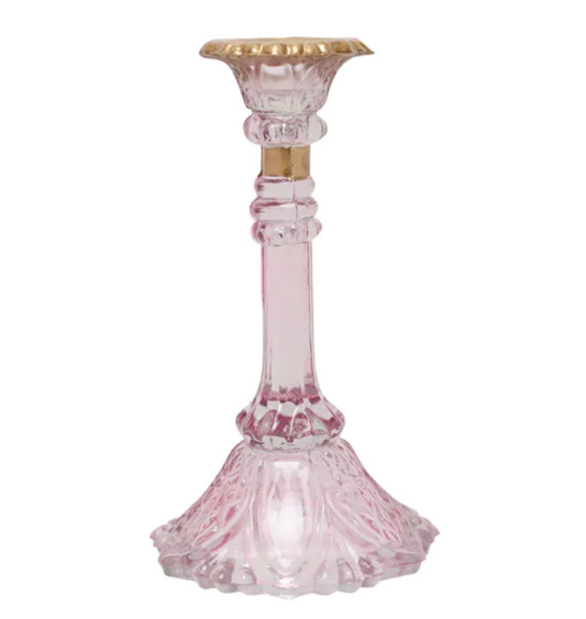 GLASS CANDLESTICK HOLDER WITH GOLD RIM - PINK