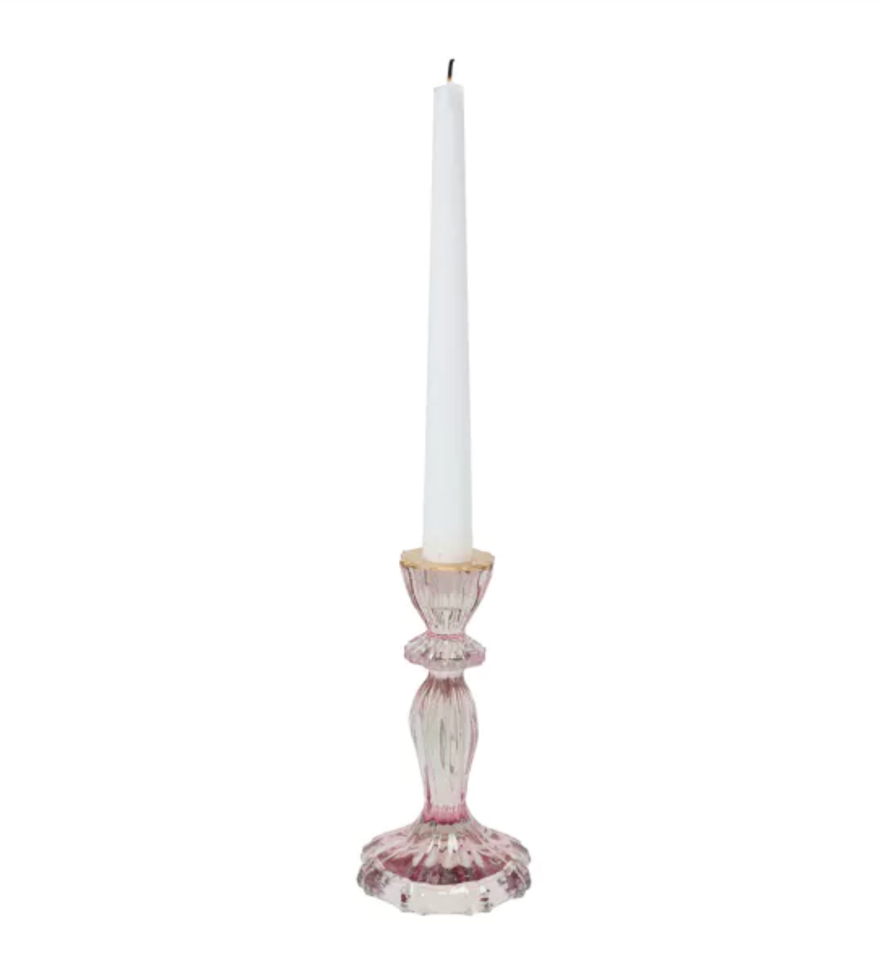 GLASS CANDLESTICK HOLDER WITH GOLD RIM - PINK