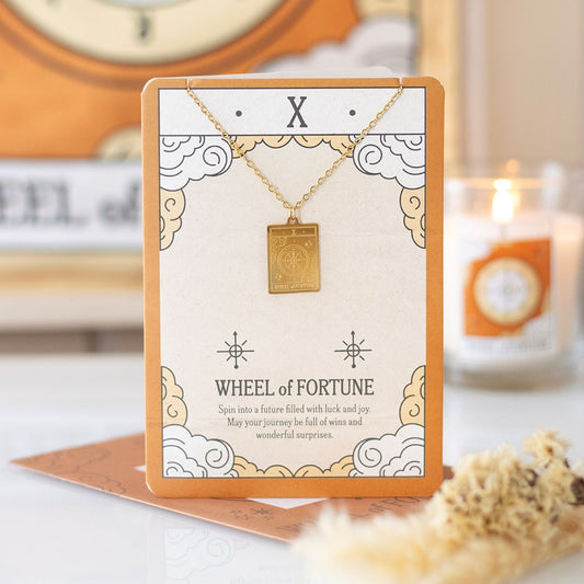 THE WHEEL OF FORTUNE VINTAGE TAROT NECKLACE ON GREETING CARD