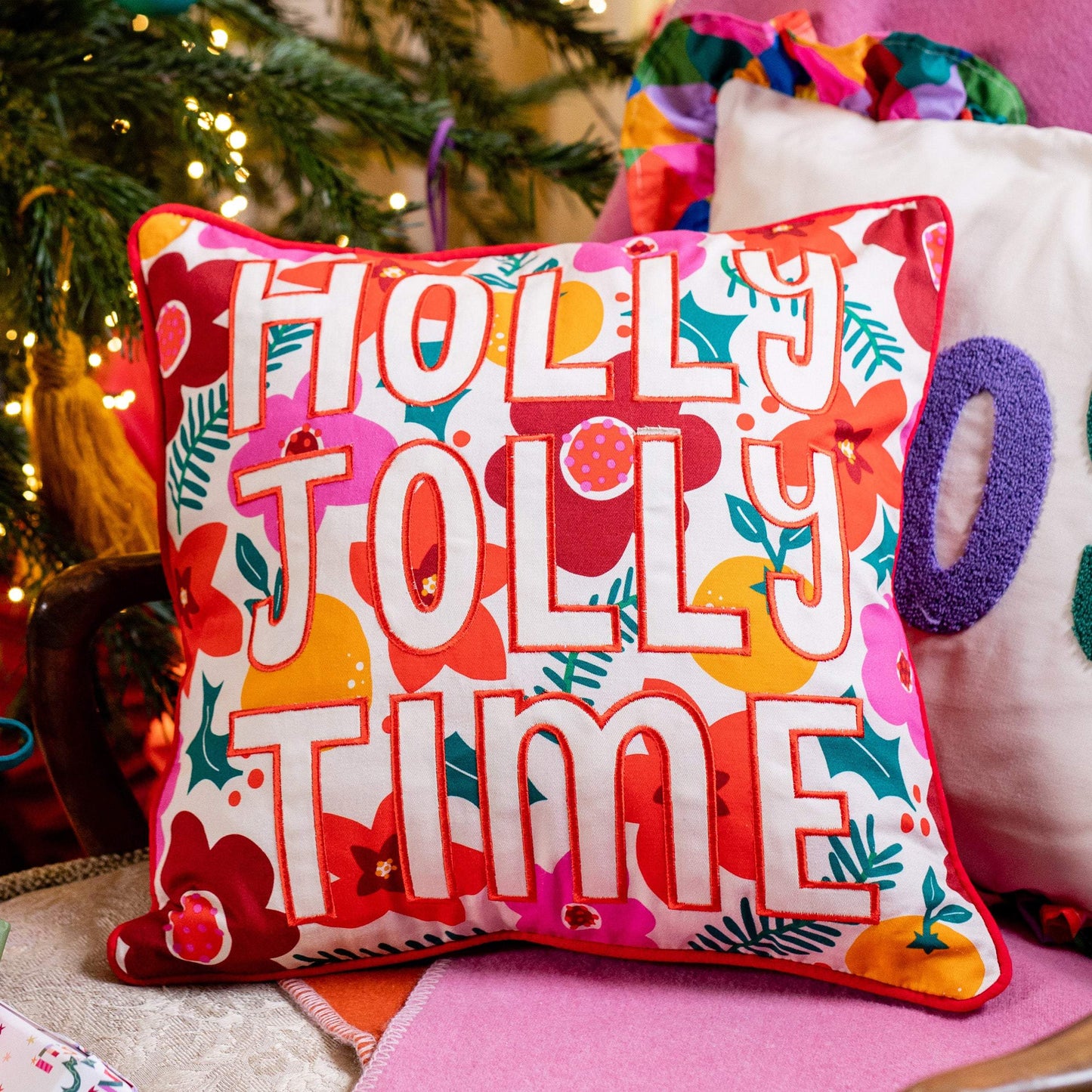 RASPBERRY BLOSSOM FLORAL 'HOLLY JOLLY TIME' CUSHION