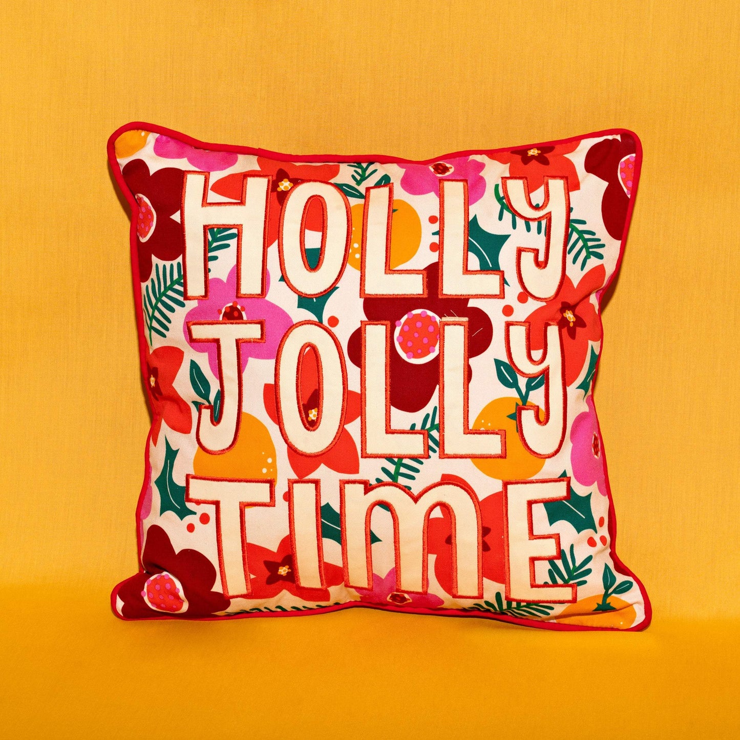 RASPBERRY BLOSSOM FLORAL 'HOLLY JOLLY TIME' CUSHION