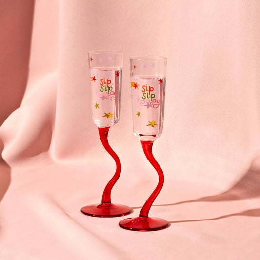 RASPBERRY BLOSSOM SET OF 2 WAVY STEM FLUTE GLASSES