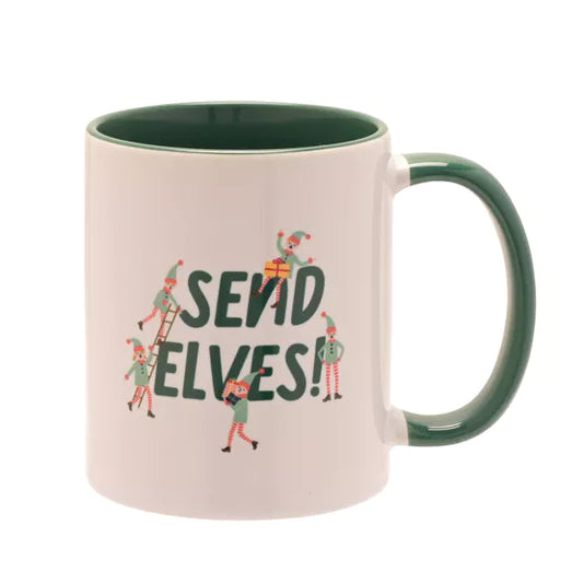 GREEN HANDLED MUG - SEND ELVES!