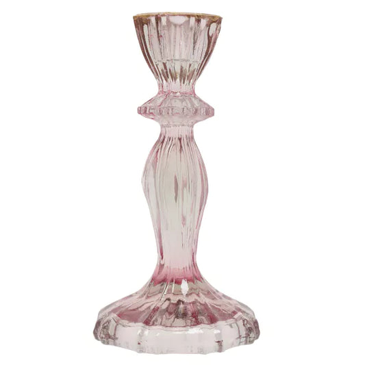 GLASS CANDLESTICK HOLDER WITH GOLD RIM - PINK