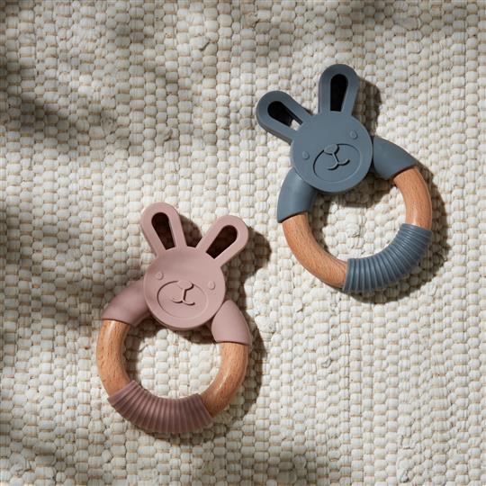WOOD & SILICONE BUNNY TEETHER BLUE
